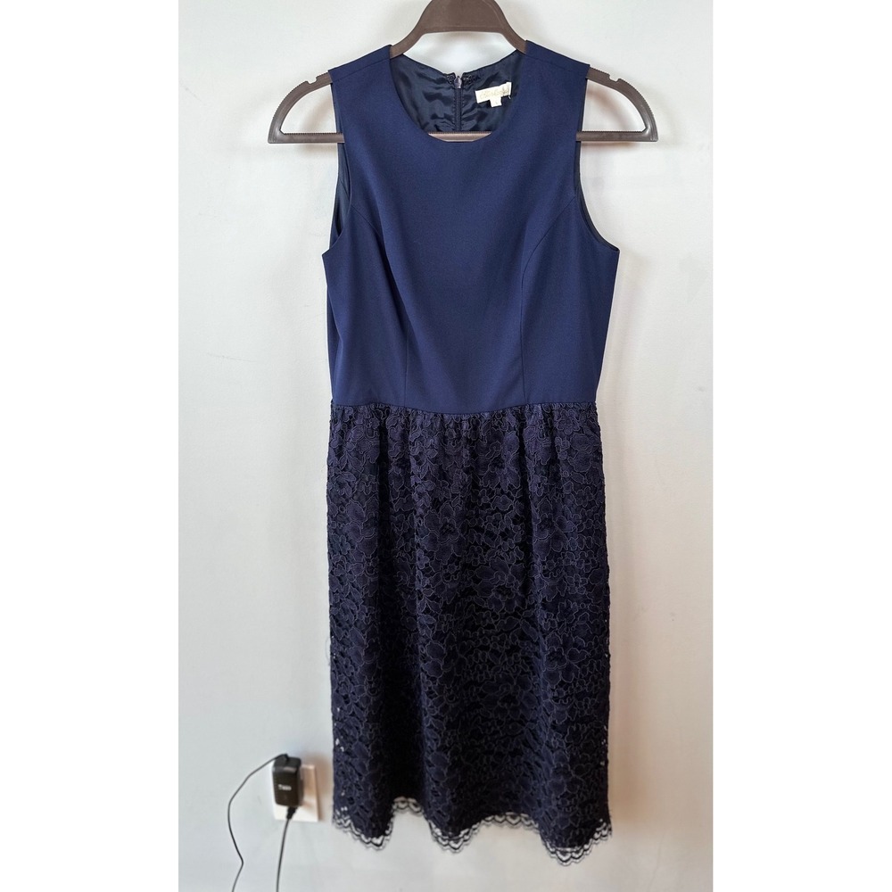 Shoshanna Navy Blue Lace Mixed Media Fit and Flare Cocktail Dress Size 6
